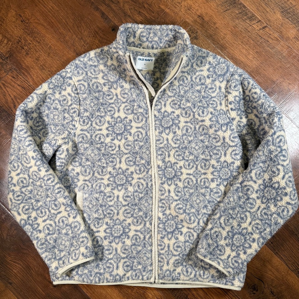 Old Navy Mens Sherpa Fleece Full Zip Jacket Blue Cream Damask Floral Medium